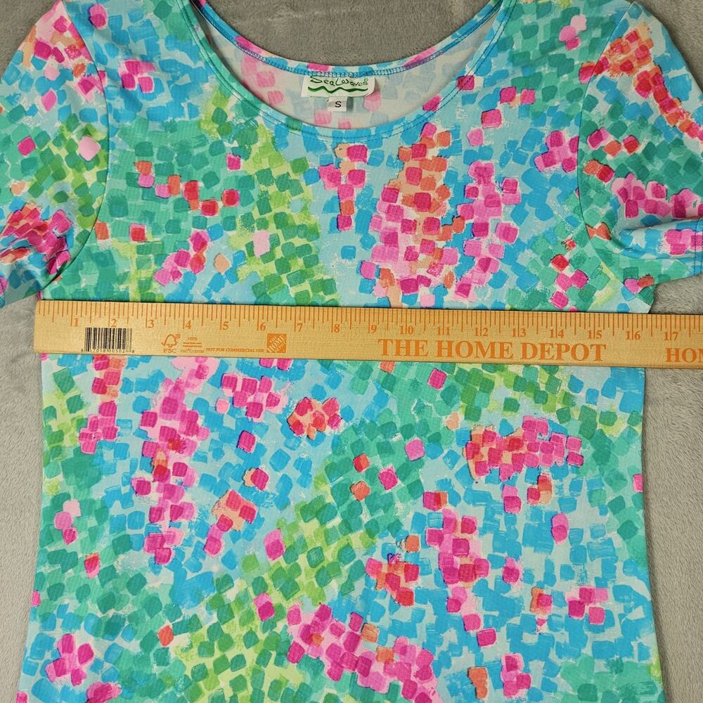 Sea Waves T Shirt Dress Womens Sz S Blue Pink Knee Length Beach Summer Vacation - Picture 9 of 10